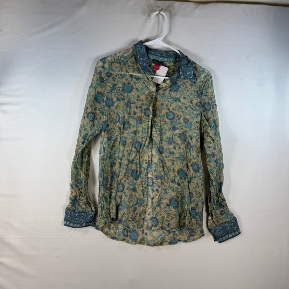 Vince Camuto Tops - Vince Camuto Womens Small Floral Paisley Button Down Blouse Blue Tan Sheer Top